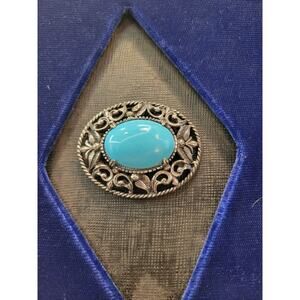 Vintage Silver tone signed Florenza turquoise glass brooch with magnetic pinback